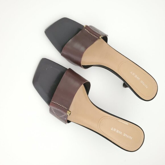 NINE WEST Brown Leather Heeled Slide Sandals Square Toe Bronze Buckle Accent 8M - Picture 2 of 9